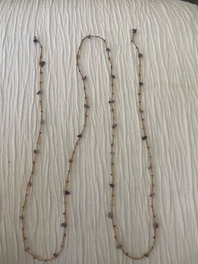 Gold-Tone Straw Layered Necklace with Light Purple Stone Accents